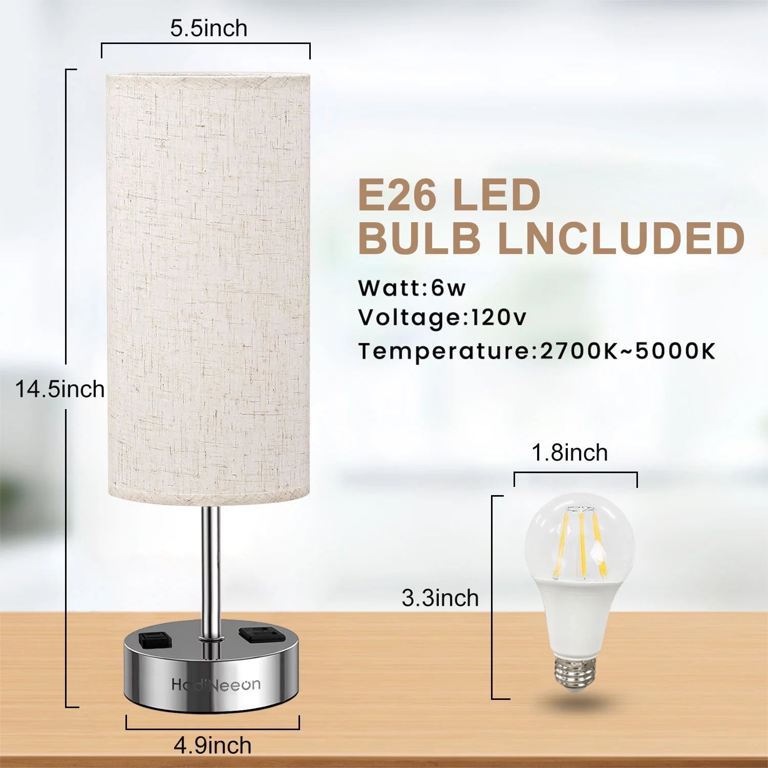 Table Lamp with 3-Way Dimmable Touch, Dual USB Charging Ports, AC Outlet, Flaxen Fabric Shade - 15.4", for Bedroom, Living Room - Includes LED Bulb