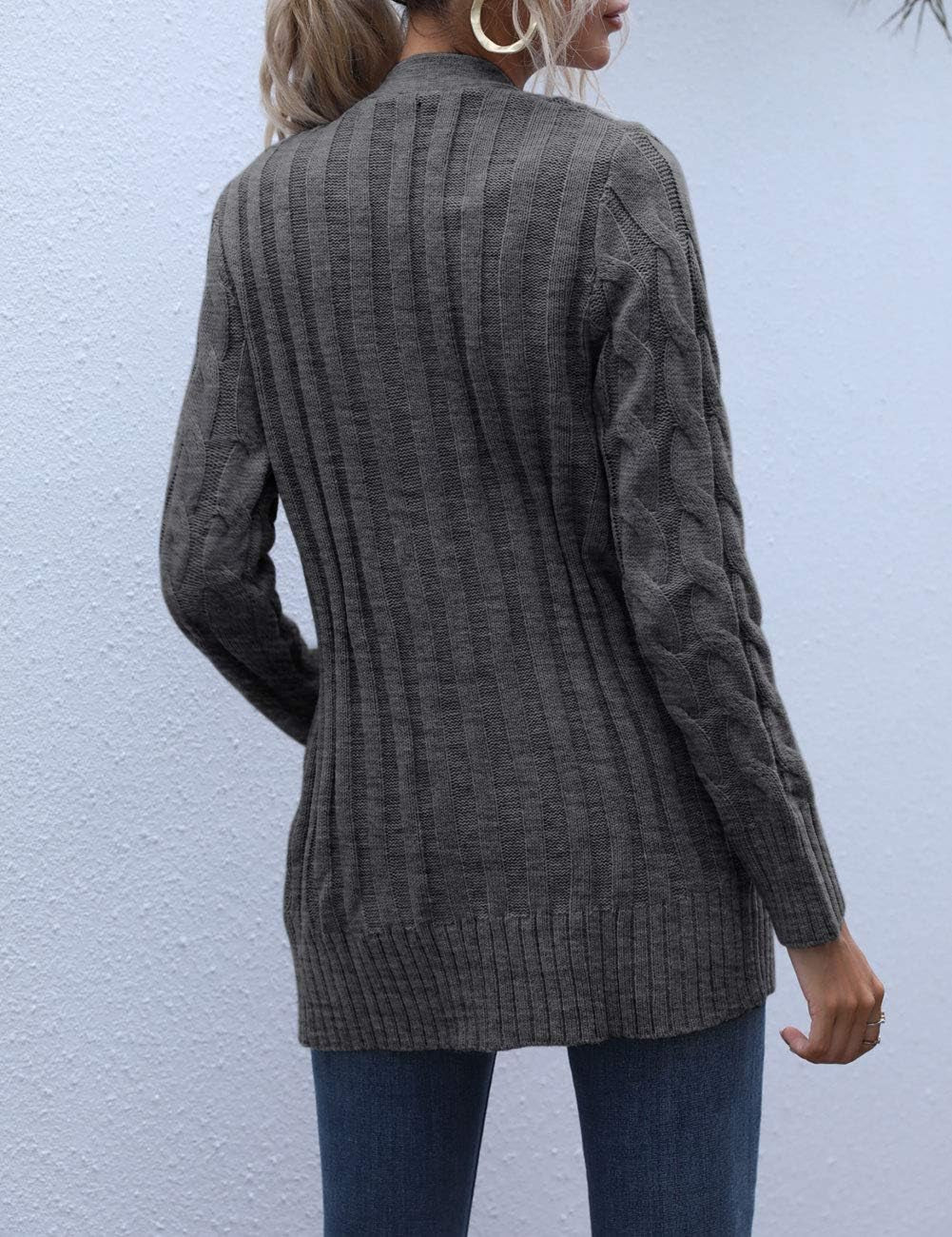 Women'S Long Sleeve Cable Knit Sweater Open Front Cardigan Button Loose Outerwear