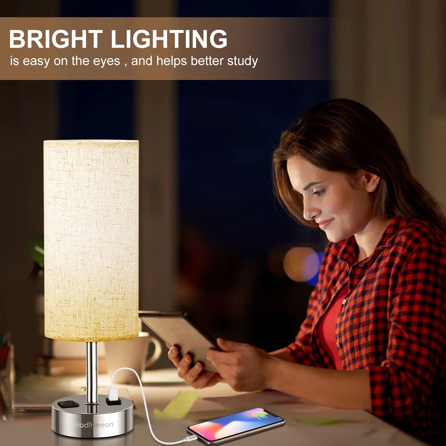 Table Lamp with 3-Way Dimmable Touch, Dual USB Charging Ports, AC Outlet, Flaxen Fabric Shade - 15.4", for Bedroom, Living Room - Includes LED Bulb