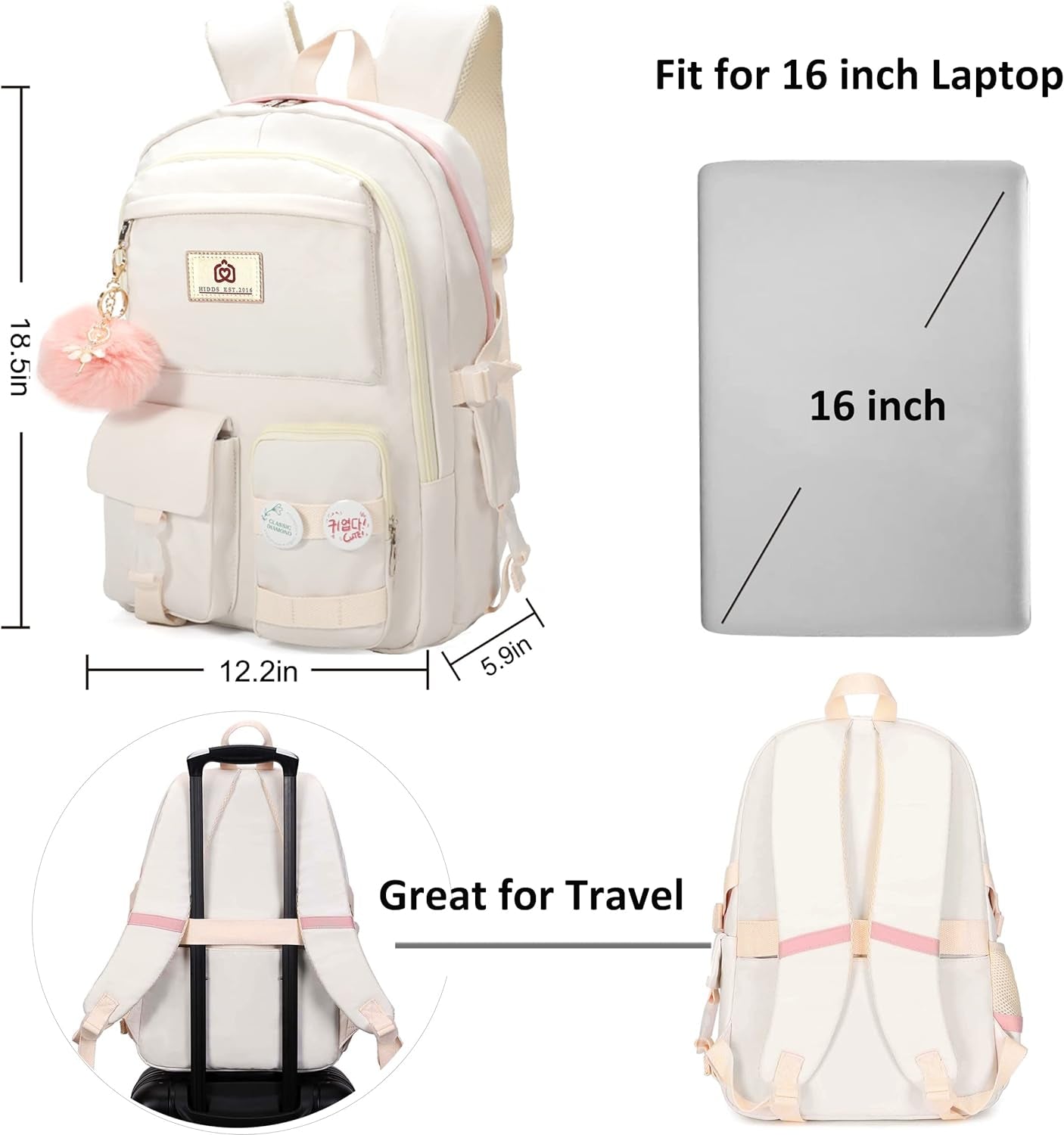 Laptop Backpacks 15.6 Inch School Bag College Backpack anti Theft Travel Daypack Large Bookbags for Teens Girls Women Students (Off-White)