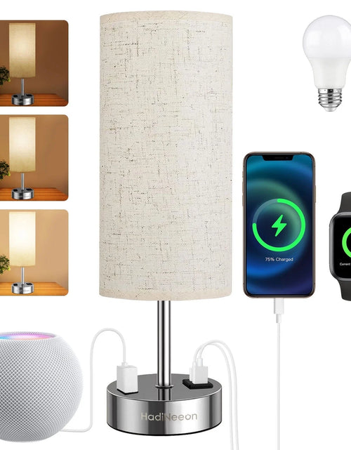 Load image into Gallery viewer, Table Lamp with 3-Way Dimmable Touch, Dual USB Charging Ports, AC Outlet, Flaxen Fabric Shade - 15.4&quot;, for Bedroom, Living Room - Includes LED Bulb
