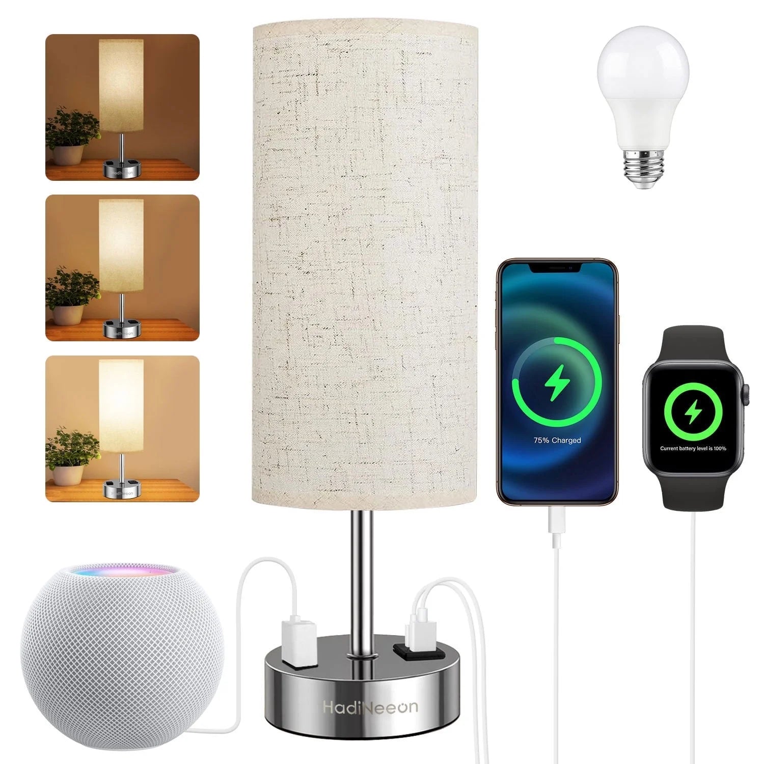 Table Lamp with 3-Way Dimmable Touch, Dual USB Charging Ports, AC Outlet, Flaxen Fabric Shade - 15.4", for Bedroom, Living Room - Includes LED Bulb