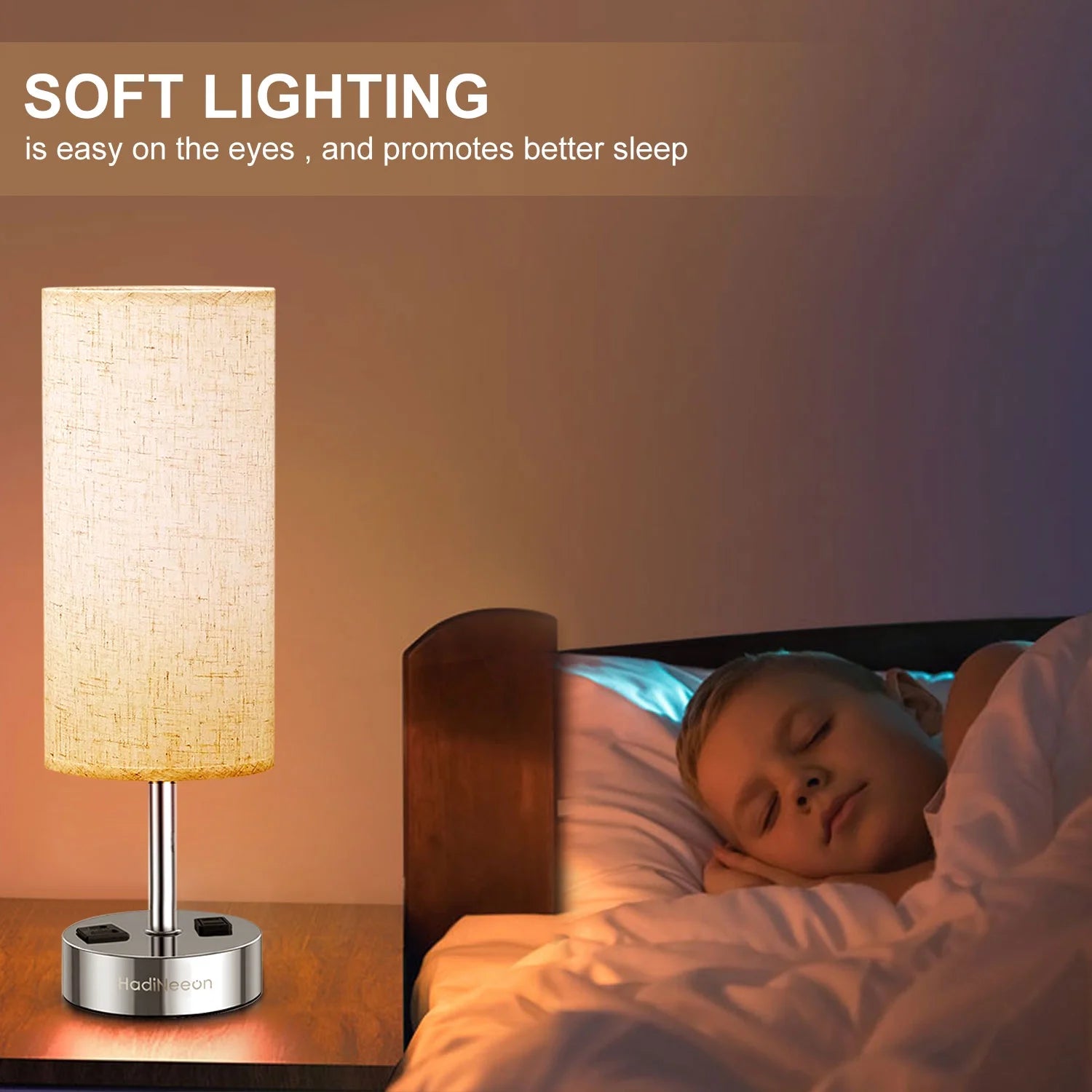 Table Lamp with 3-Way Dimmable Touch, Dual USB Charging Ports, AC Outlet, Flaxen Fabric Shade - 15.4", for Bedroom, Living Room - Includes LED Bulb