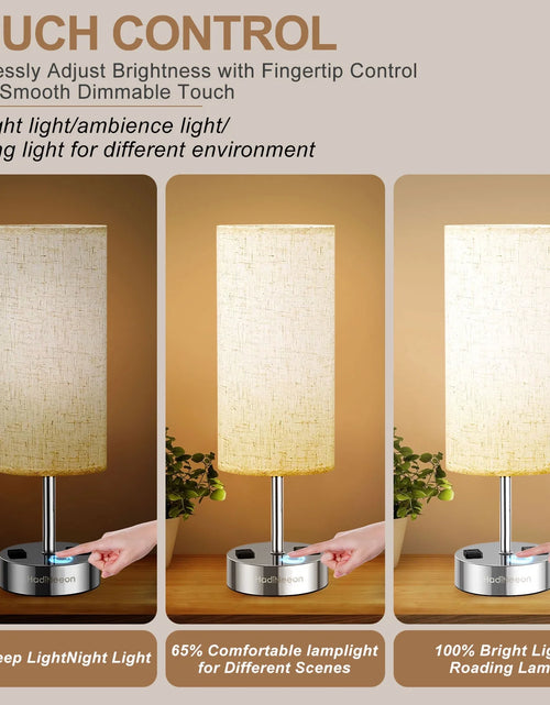 Load image into Gallery viewer, Table Lamp with 3-Way Dimmable Touch, Dual USB Charging Ports, AC Outlet, Flaxen Fabric Shade - 15.4&quot;, for Bedroom, Living Room - Includes LED Bulb
