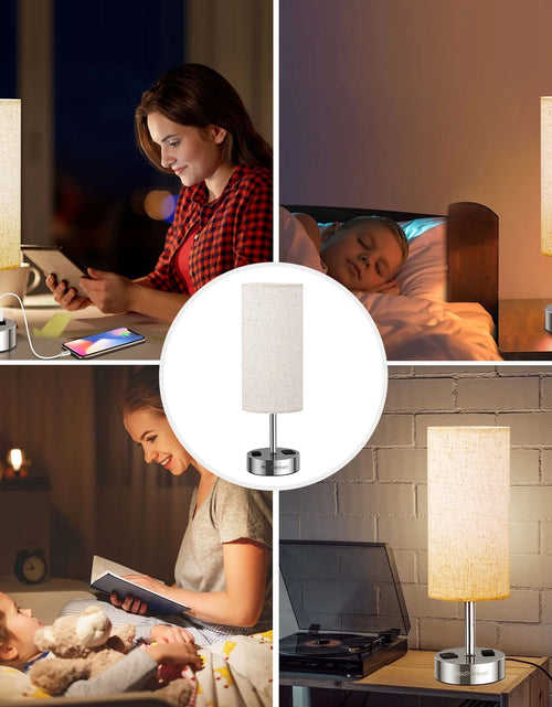 Load image into Gallery viewer, Table Lamp with 3-Way Dimmable Touch, Dual USB Charging Ports, AC Outlet, Flaxen Fabric Shade - 15.4&quot;, for Bedroom, Living Room - Includes LED Bulb
