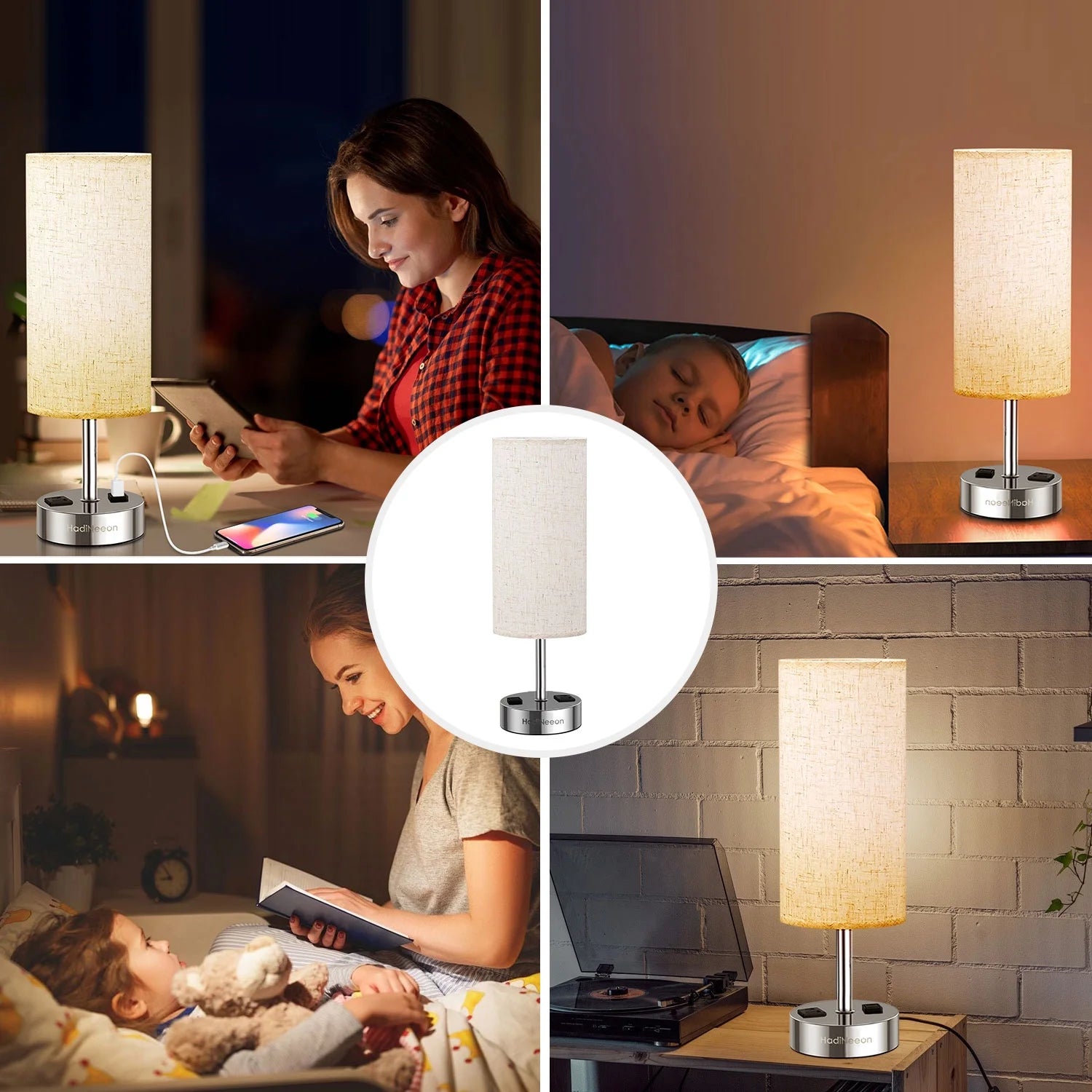 Table Lamp with 3-Way Dimmable Touch, Dual USB Charging Ports, AC Outlet, Flaxen Fabric Shade - 15.4", for Bedroom, Living Room - Includes LED Bulb