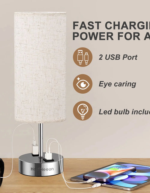 Load image into Gallery viewer, Table Lamp with 3-Way Dimmable Touch, Dual USB Charging Ports, AC Outlet, Flaxen Fabric Shade - 15.4&quot;, for Bedroom, Living Room - Includes LED Bulb
