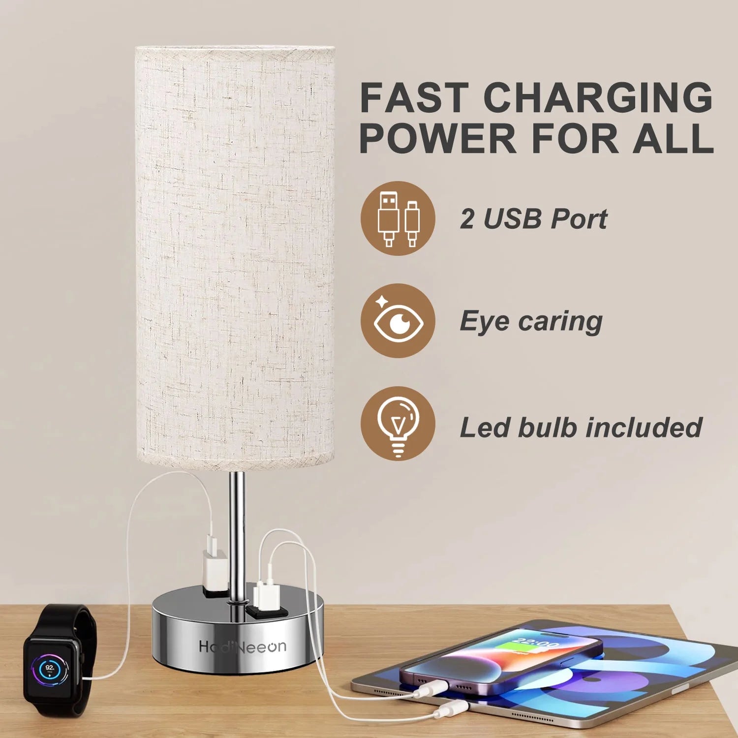 Table Lamp with 3-Way Dimmable Touch, Dual USB Charging Ports, AC Outlet, Flaxen Fabric Shade - 15.4", for Bedroom, Living Room - Includes LED Bulb