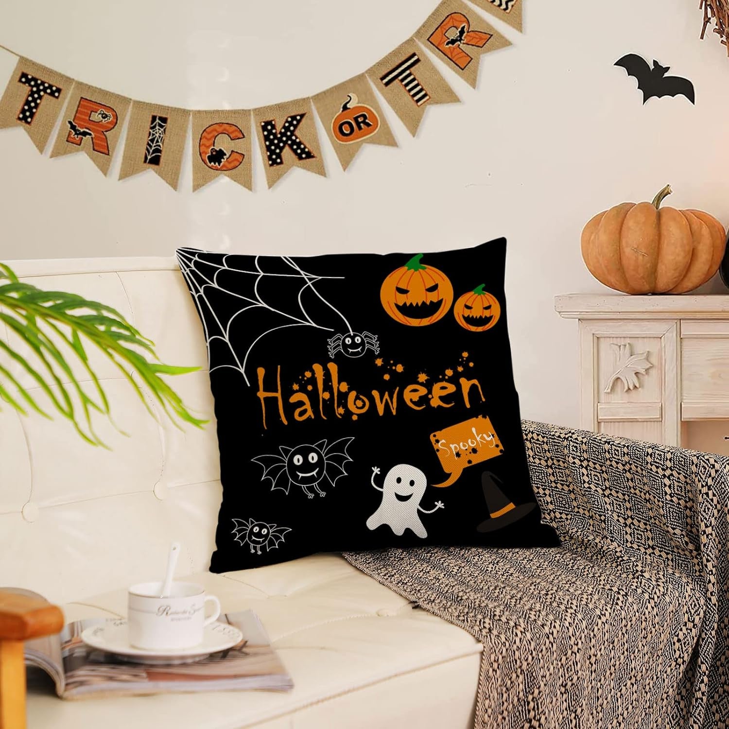 Halloween Decor Pillow Covers 16X16 Set of 4 Halloween Fall Black Decorative Throw Pillows Scary Pumpkin Bats Pillow Cases Home Outdoor Sofa Couch Cushion Covers for Halloween Decorations (16 by 16)