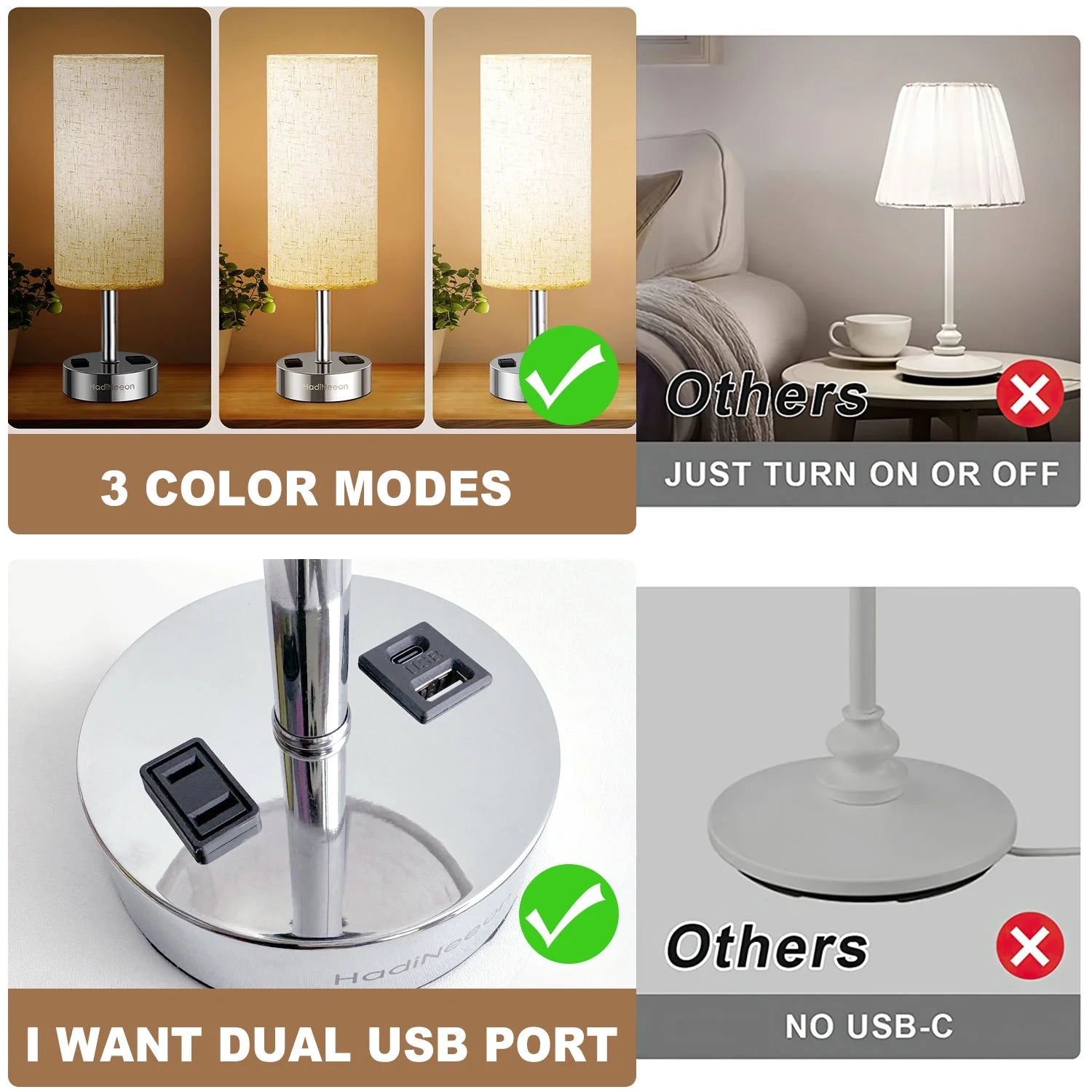 Table Lamp with 3-Way Dimmable Touch, Dual USB Charging Ports, AC Outlet, Flaxen Fabric Shade - 15.4", for Bedroom, Living Room - Includes LED Bulb